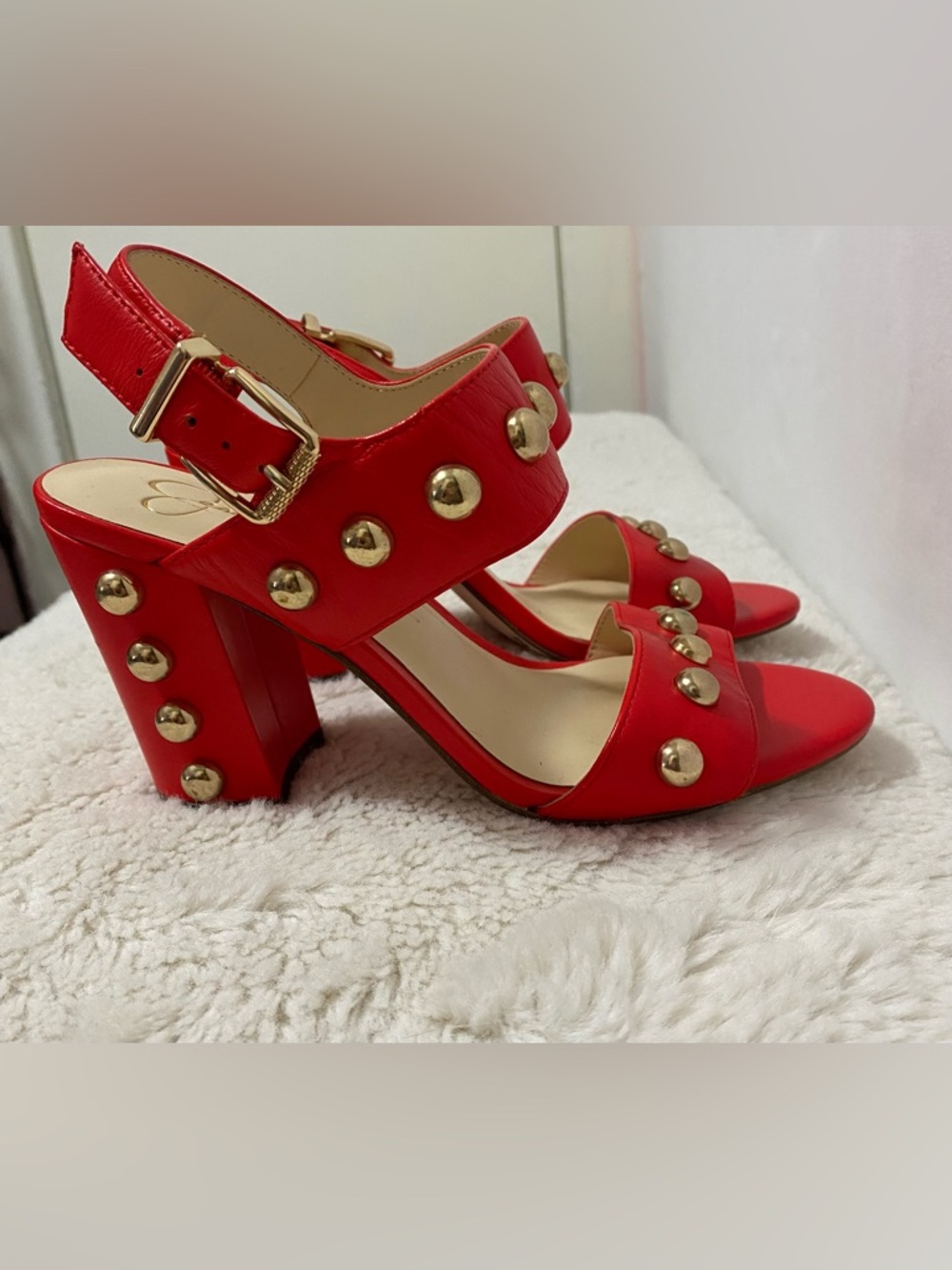 Jessica Simpson Red Studded Block Heel Sandals